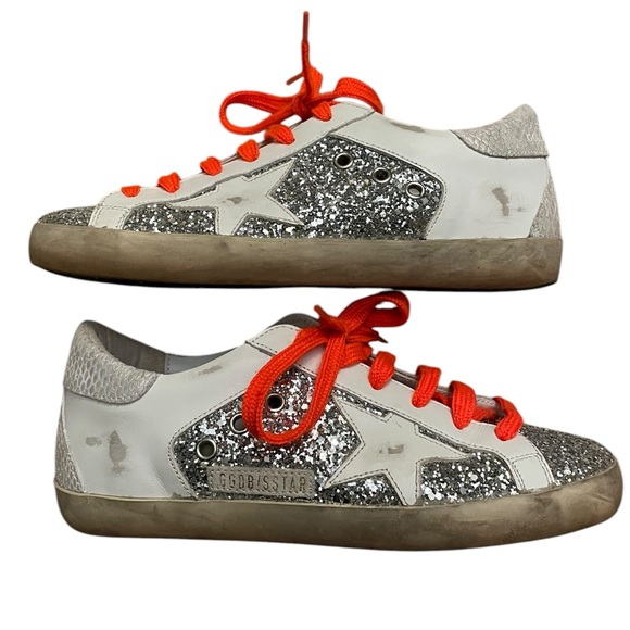 Golden Goose Super-Star Glitter Silver Sneakers 6.5 Orange...